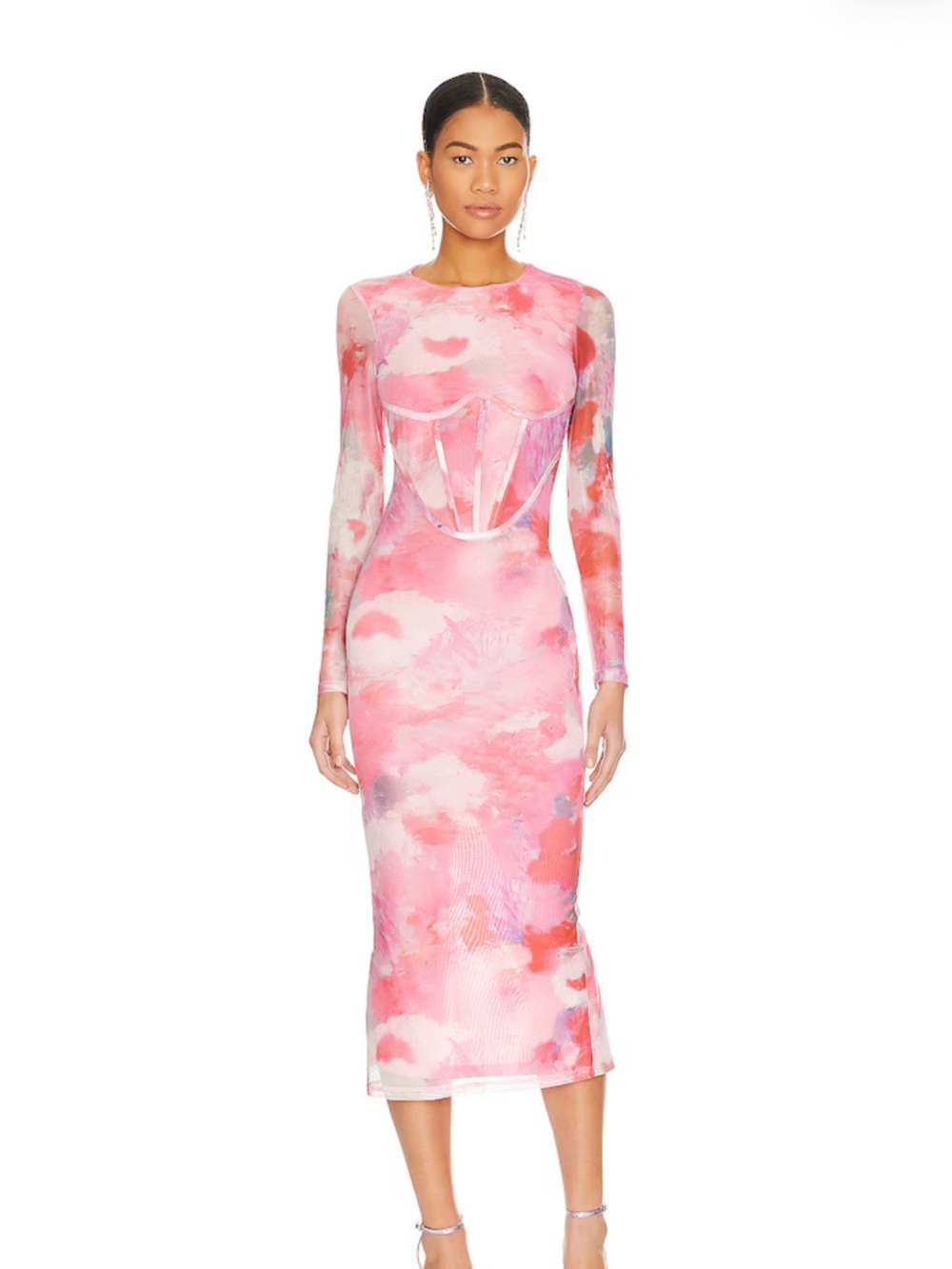 Bardot Pink Watercolor Long-Sleeve Sheer Corset Midi Dress